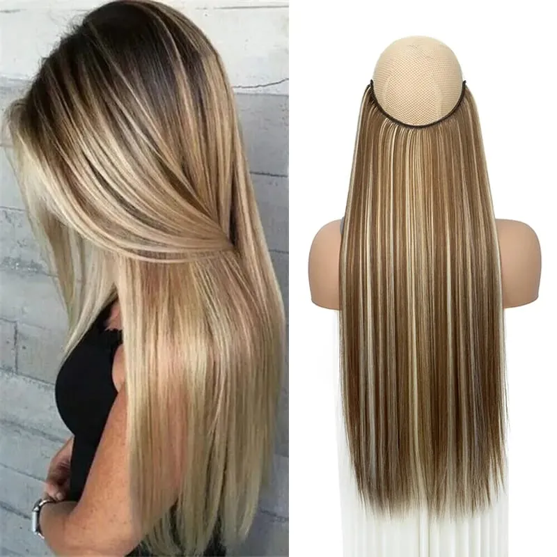 24Inch Synthetic No Clips In Hair Extension Fish Line Invisible Black Blonde One Piece Long Straight Fake Hair Piece for Women