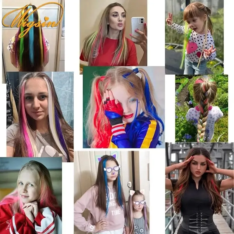 Synthetic 10pcs Colored Hair Synthetic Extensions Colorful Clip in Hair Long Straight Hair for Kids Girls Women — image 7