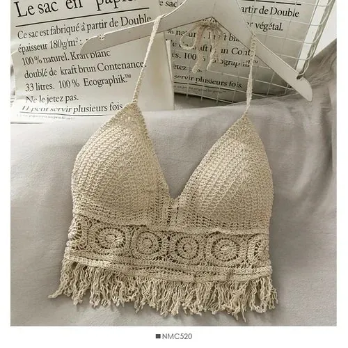 Crop Tops Retro Wild Hollow Perspective Tassel Sexy Spaghetti Strap Tanke Top Women Built In Bra New Back Lace Halter Neck — image 11