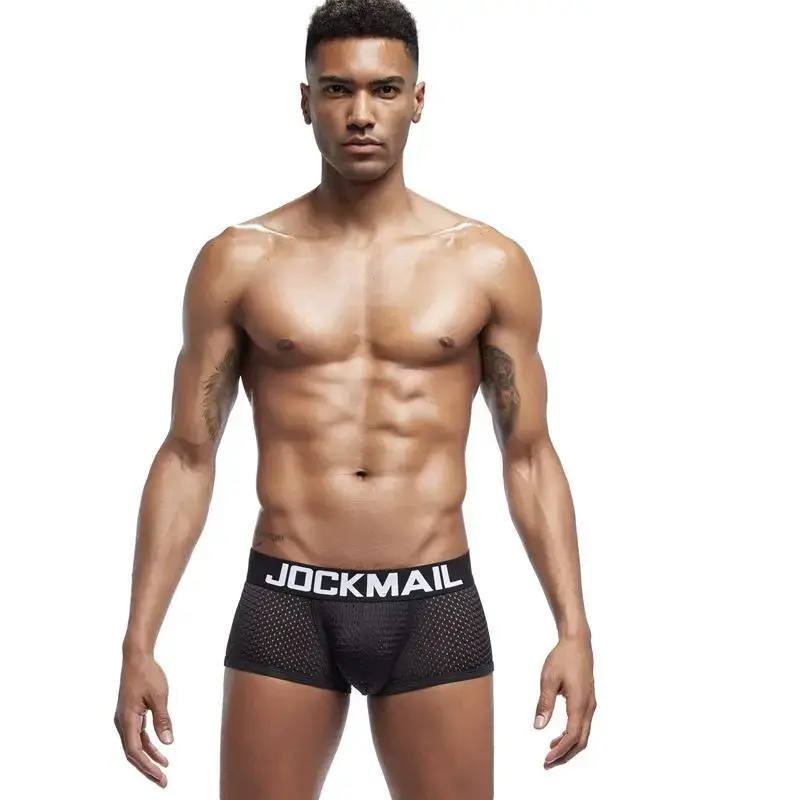 Jockmail Boxers Sexy Mens Panties Mesh Quick-drying Breathable Calzoncillos Solid Color Simple Boxers Hombre Semi-transparent — image 1