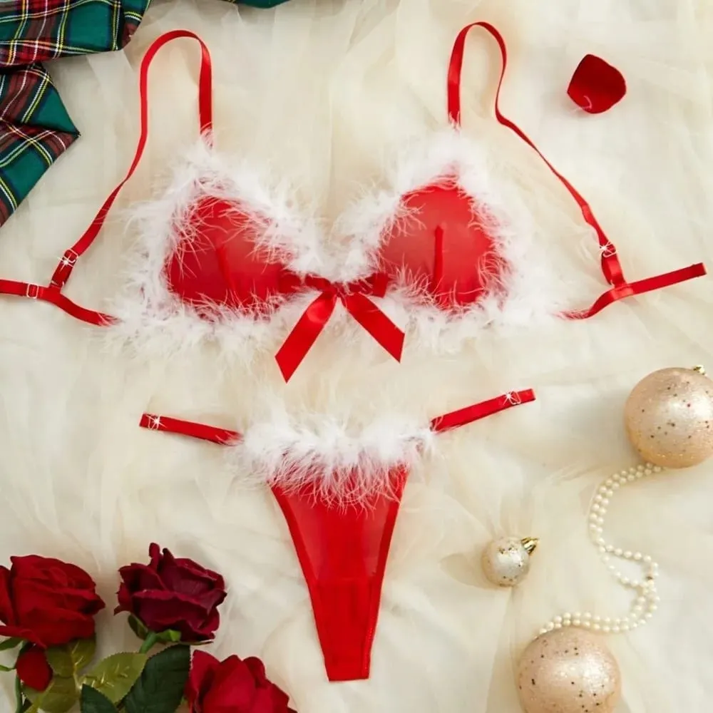 New Year Furry Women's Underwear Mesh Transparent Wireless Lingerie Set Romantic Intimate Bow Decor Bra Panties Suit Anniversary