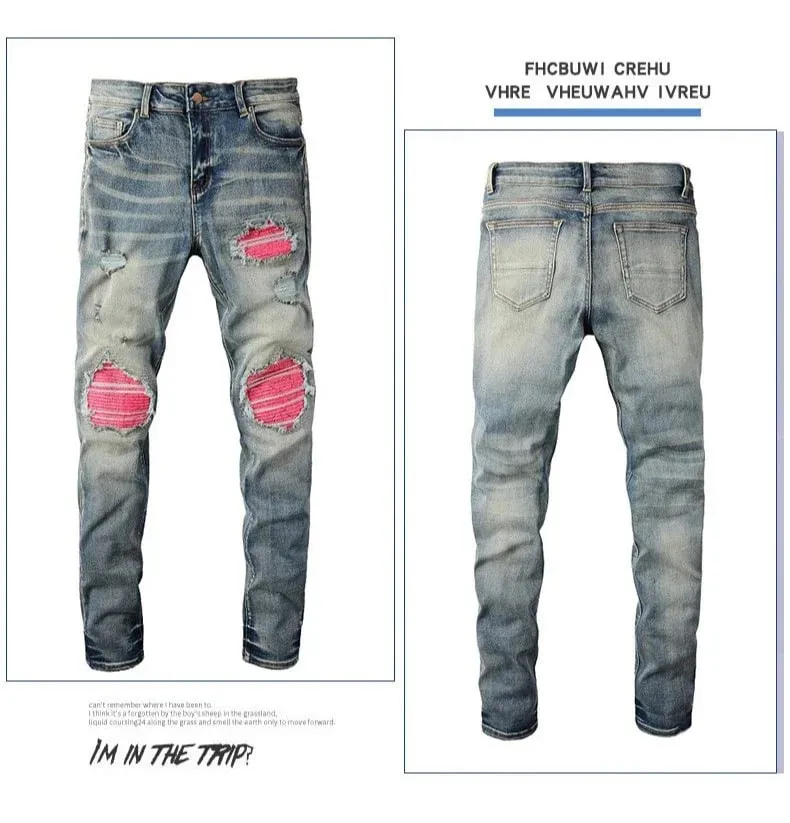Hole Jeans Men Patchwork Ankle Length Trousers Washed Denim Pencil Pants Mid Waist Vintage Distressed Autumn Street Denims