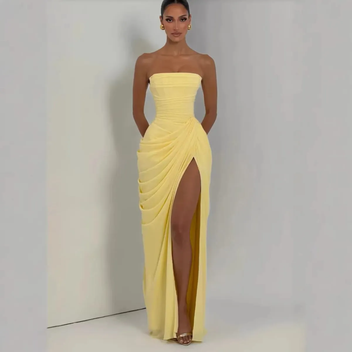 Mingmingxi lente zomer gele strapless maxi-jurk ruches hoge split avondjurk bodycon bruiloft gast feestjurk dames