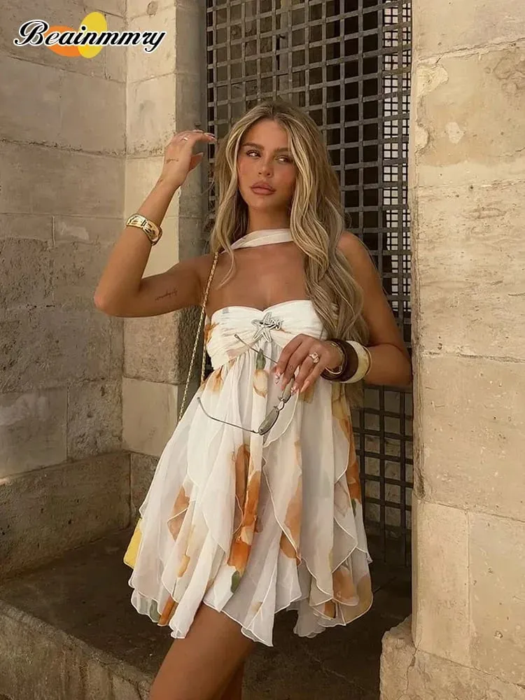 Women Casual Printed Pleated Scarf Collar Mini Dresses Chic Sleeveless Off Shouder Short Vestido Summer Lady Party Beach Robe — image 2