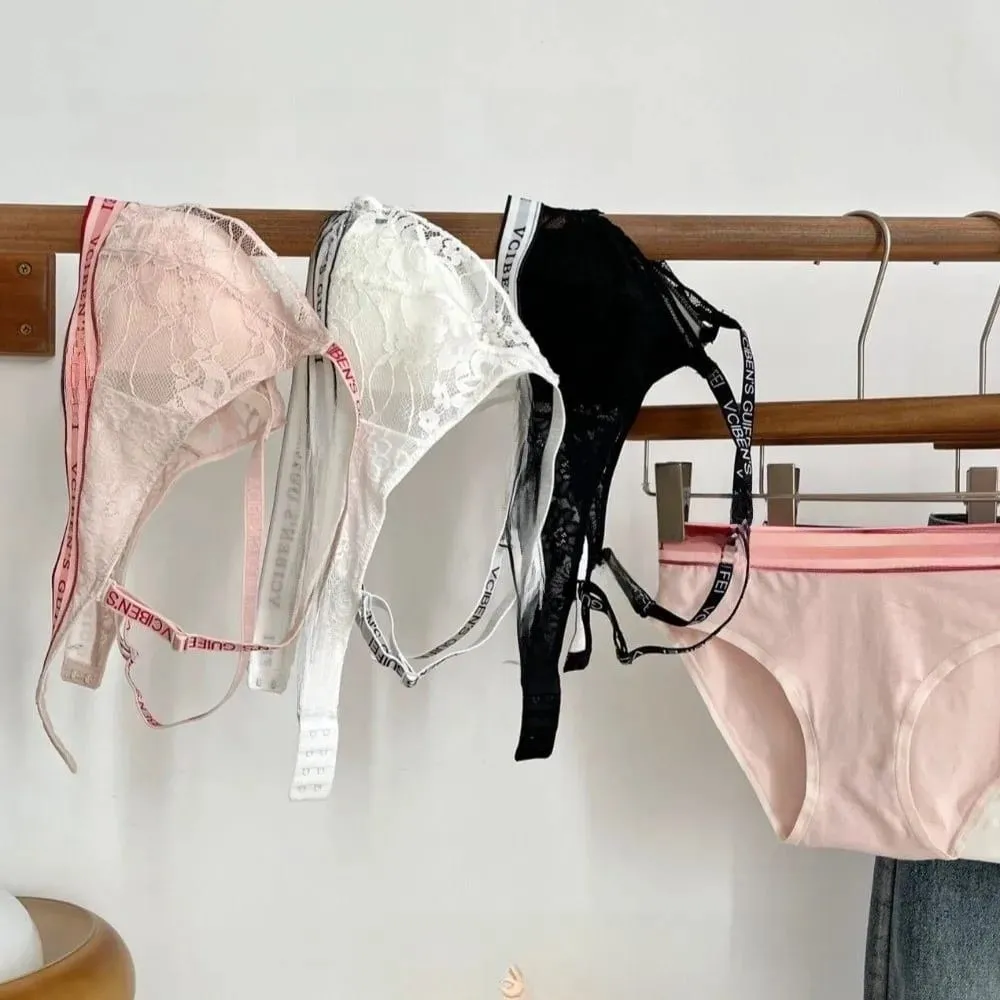 Ensemble de Lingerie confortable en dentelle pour femmes, Design de lettres, sous-vêtements, costume, blocage de couleur, soutien-gorge sans fil, culotte, ensemble quotidien — image 2