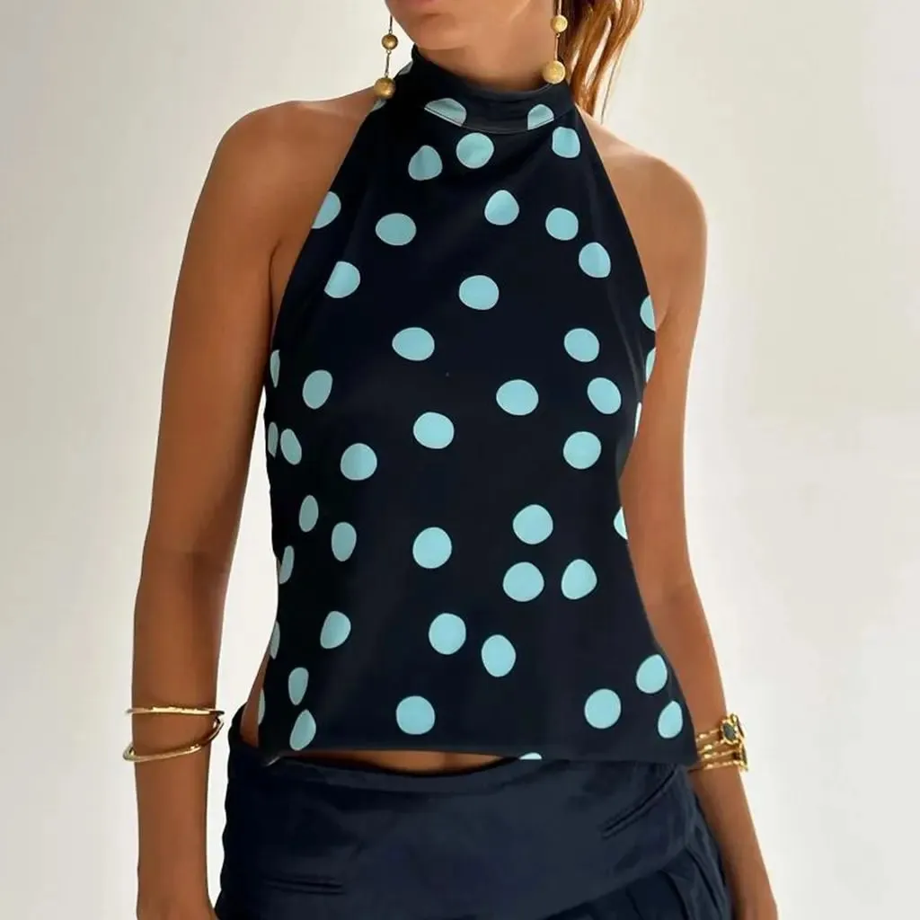 Combhasaki Women's Y2K Button Closure Halter Neck Crop Tops Sleeveless Backless Aesthetic Dots/Tie-dye Flower Print Summer Vests — image 10