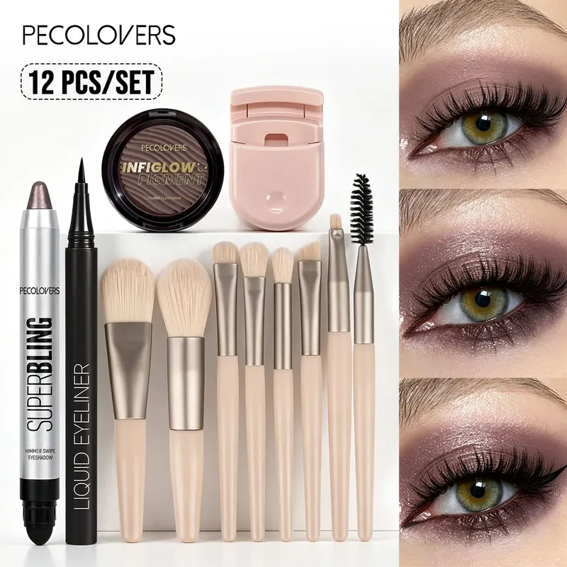 12PCS/SET Shimmer Eye Shadow Pen & Palette Liquid Eyeliner Lash Curler Eye Makeup Brushes Durable/Waterproof/Long Lasting