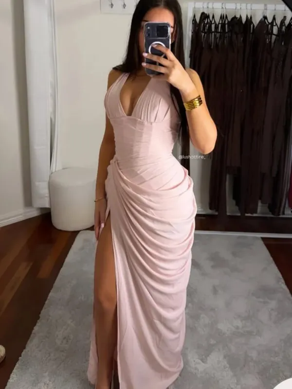 Gaun Panjang Berlipat Tanpa Tali Kuning Elegan Gaun Split Cinching Pinggang Tanpa Lengan Solid Chic Wanita 2026 Jubah Pesta Malam Wanita