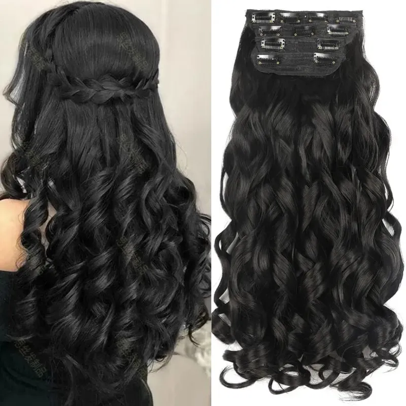 Synthetic 4Sets 11 Clips In Long Wavy Hair Extension 20Inch 4Pcs 200g Thick Hairpieces Europen Princess Fiber Double Weft Hair