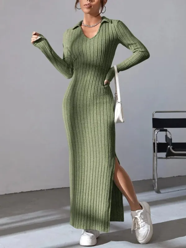 Spring and summer 2024 new style knitted slim lapel long sleeve dress pit strip solid color tight skirt — image 5
