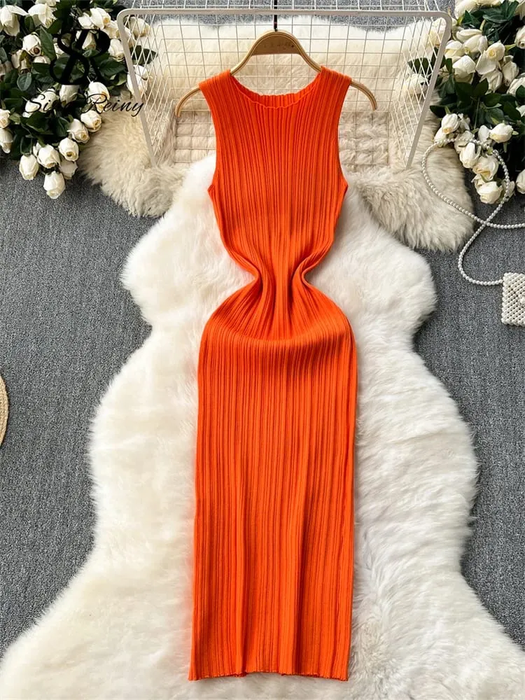 Women Sheath Long Dress O Neck Sleeveless Solid Pleated Knit Elastic Fashion Elegant Stiped Retro Sexy Bodycon Dress — image 2