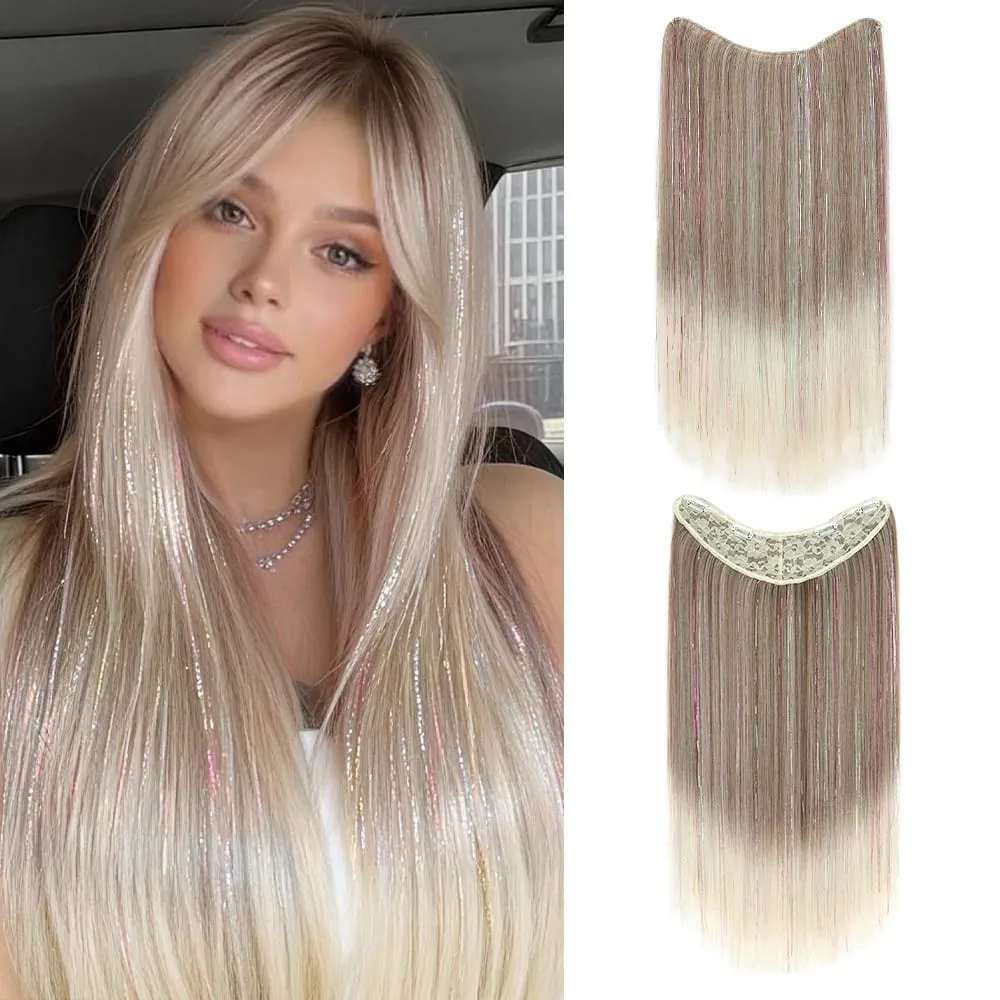 24Inch Synthetic Long Straight Clip‑in Hair Extensions Sparkling Tinsel Hair High‑Temp Fiber Hairpiece for Women Party Cosplay