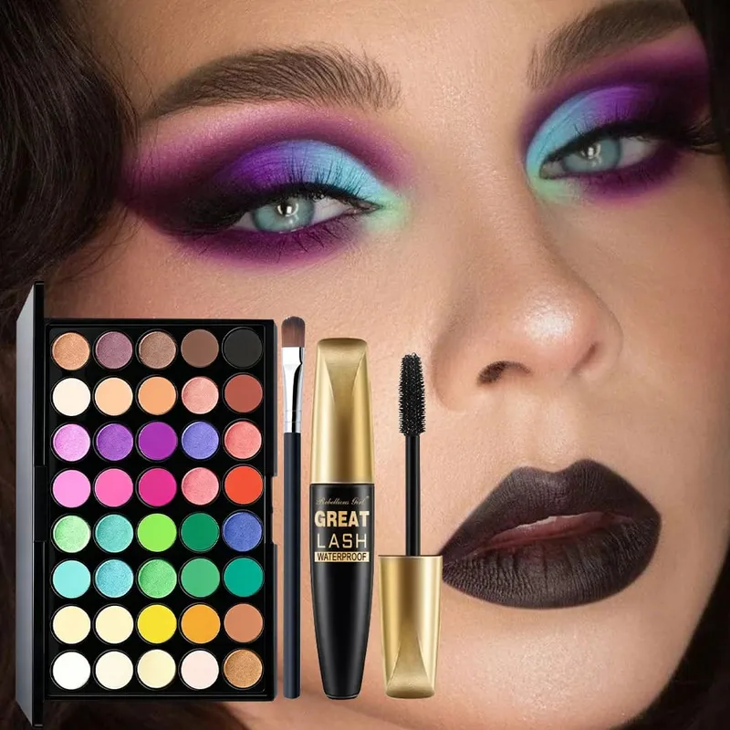 3pcs Makeup Sets for 40 Colors Rainbow Eyeshadow Palette+Black Mascara with 1pc Brush 3 In 1 Makeup Kit For Daily Party Daily — image 3
