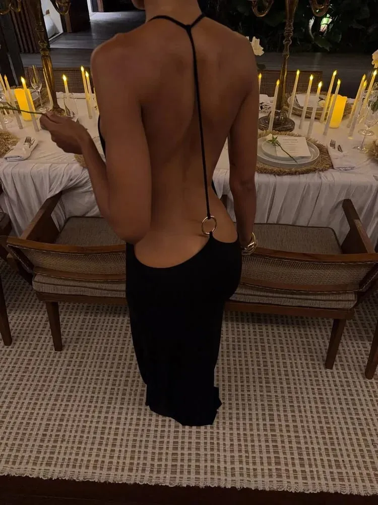 Tossy Damen Neckholder, rückenfrei, figurbetont, Maxikleid, offener Rücken, Spaghettiträger, Goldring, Abendparty, Sommerkleid, Strand, langes Kleid — image 3