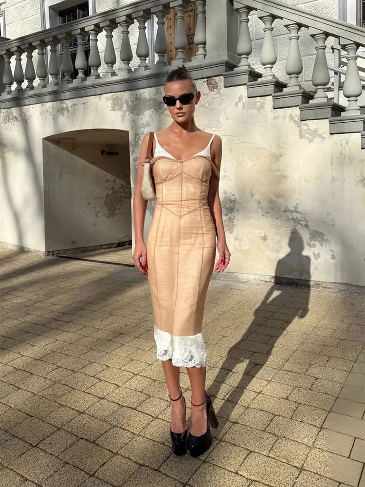 Kvinder Blonde Patchwork Sling Kjole Mesh Midi Cover-up Se Gennem ærmeløse Spaghetti Strap Kjoler 2026 Sommer Sexy Chic Wear — image 2