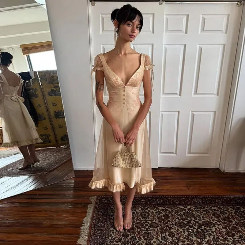 Vintage Chic Women Dress Deep V Neck Mesh Spliced Satin Tie Strap Back Bow Ruffle Hem Midi Dresses 2026 Summer Party Guest Gown
