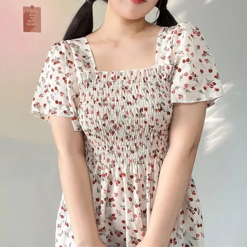 Spring Summer Elastic Waist Short Sleeve Chiffon Dress Women Casual Dresses Female Printed Floral Midi A-Line Dresses Vestidos — image 6