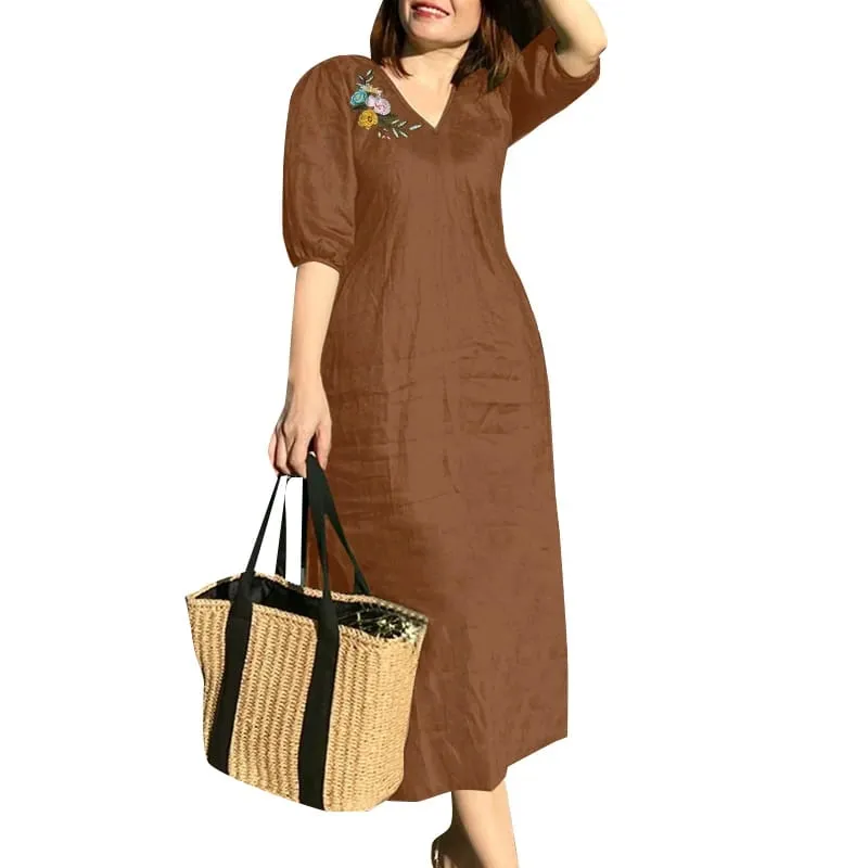 Women V Neck A-line Vestidos Solid Holiday Casual 2024 Summer Dresses Commute Half Sleeve Floral Embroidery Midi Dress — image 8