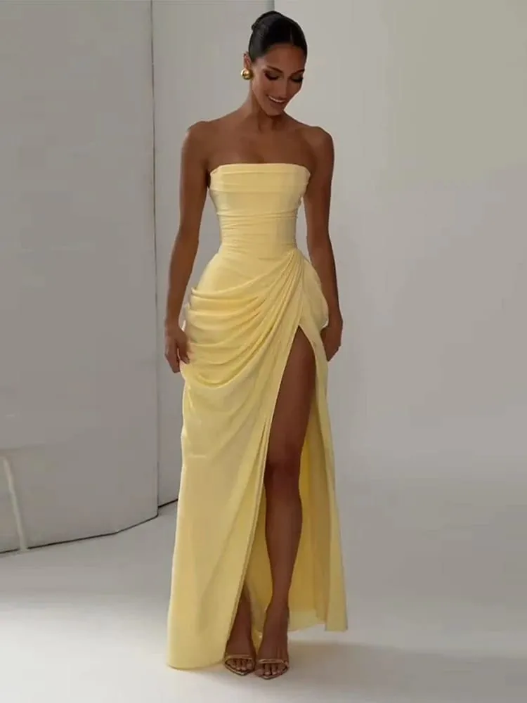 Sexy sólido plissado vestido sem alças senhora chique fora do ombro sem costas cintura alta vestidos divididos feminino 2026 novo vestido de festa à noite — image 3