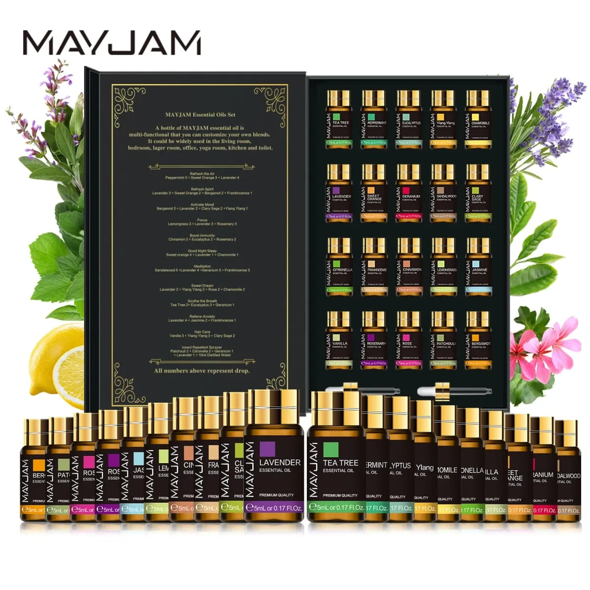 20 Bottles Essential Oils Kit Set Lavender Jasmine Eucalyptus Vanilla Sandalwood Sweet Orange Geranium Patchouli