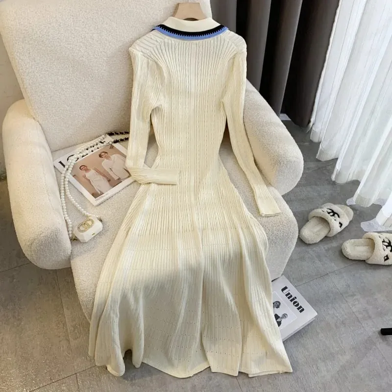 YuooMuoo Elegant Embroidery Letter Knitted Maxi Dress Autumn Winter Brand Fashion Lady Notched Black Sweater Dress Office Robes — image 5