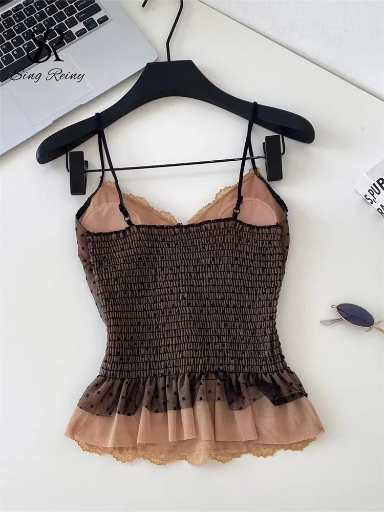 Haut en dentelle en maille à pois, col en V français froncé, extensible, Slim, dos nu, débardeur d'été Y2K, Camisole paresseuse sensuelle — image 4