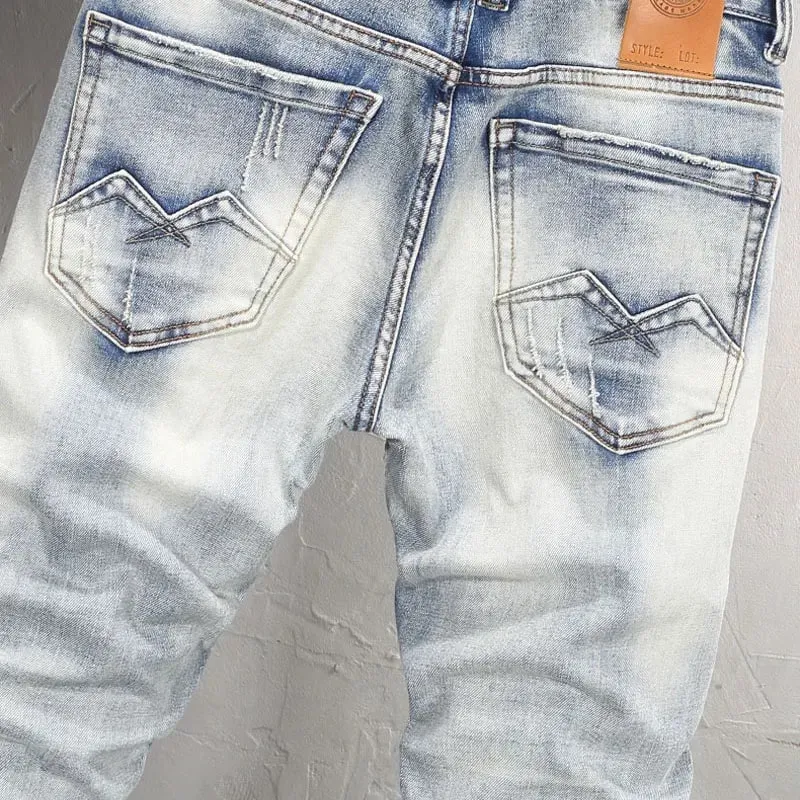 Designer Fashion Men Jeans High Quality Retro Light Blue Stretch Slim Fit Ripped Jeans Men Y2K Embroidery Vintage Denim Pants — image 4