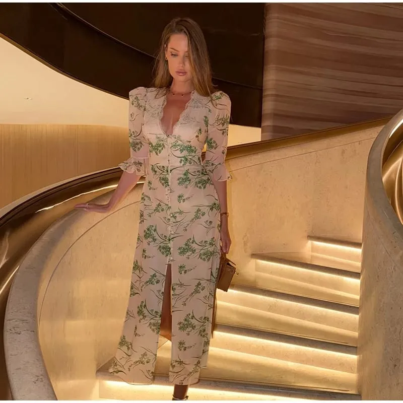 Eleganckie wzburzyć damskie długie sukienki V Neck pół guzik na rękawie wyszczuplająca talia plisowana sukienka 2026 wiosna Lady Fashion Party szaty — image 11