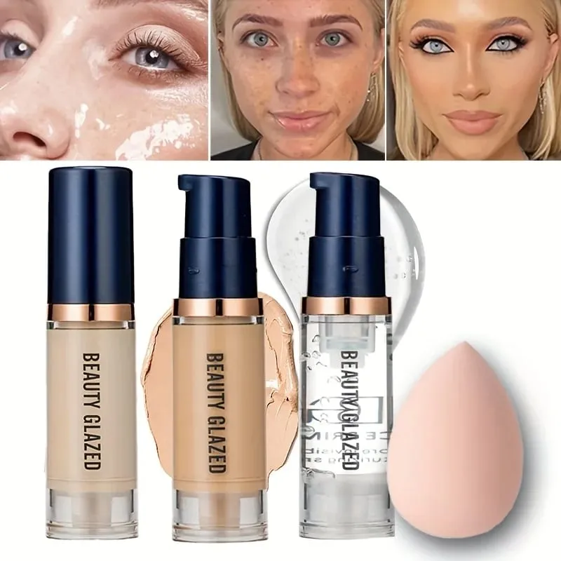 3Pcs Face Makeup Set Matte Long Lasting Waterproof Liquid Foundation+Primer+Puff