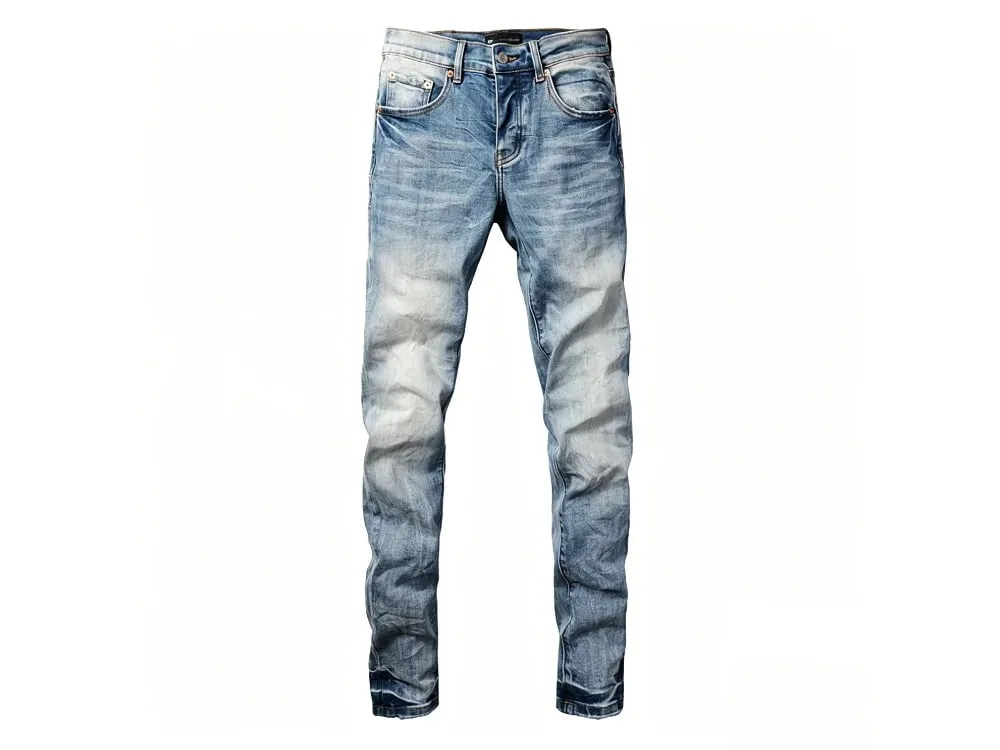 Vaqueros clásicos ajustados y cónicos para hombre, estilo vintage azul claro con lavado degradado, bragueta con botones, estilo High Street