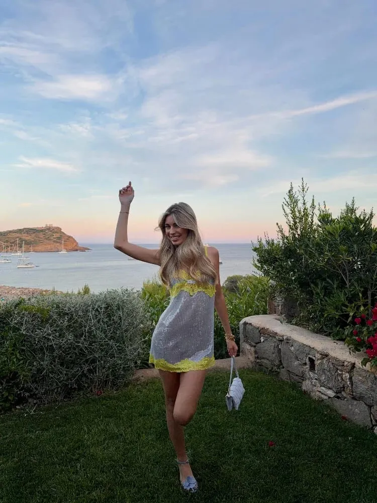 シルバーイエローパッチワークレーススリップミニドレスカジュアル V ネックシアーレーストリムローブ女性の夏のビーチ休暇ガウン 2026 新しい — image 7