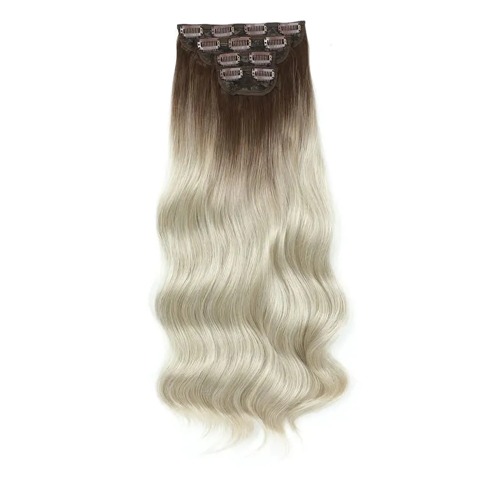4 pçs/set 11 clipes 22 polegadas 220g ondas de praia clipe em extensões de cabelo loira arenosa champanhe resistente ao calor sintético peruca — image 20