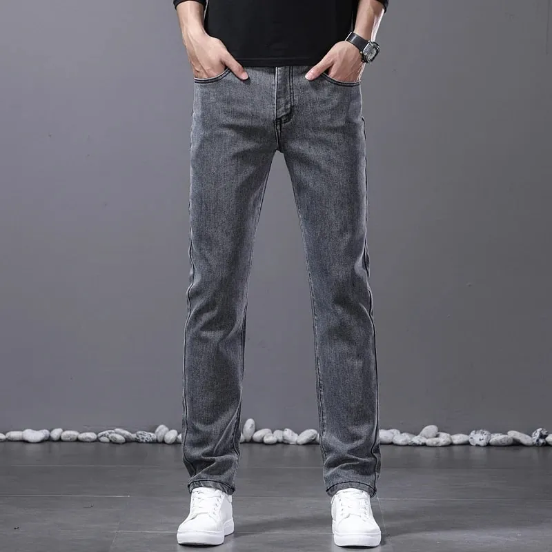 Spring New Men's Straight Jeans Comfortable Elastic Casual Business Work Trousers Retro Blue Fashion Fit Washed Denim Pants — image 4
