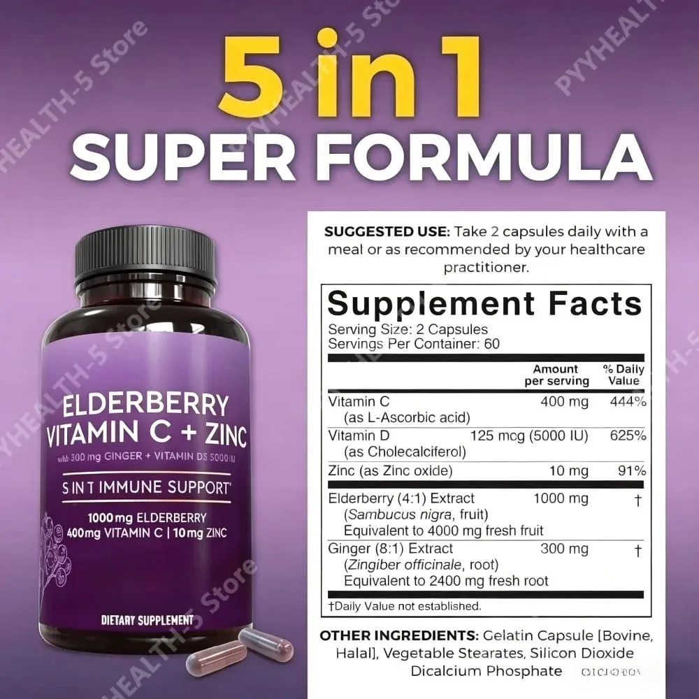 Cápsulas de sabugueiro com vitamina C, zinco D3, gengibre, sambucus, mistura de ervas de sabugueiro preto, suporte diário de bem-estar para adultos