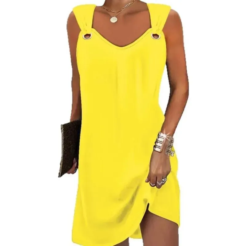 Women Summer Casual Dresses 2025 Elegant Simple Style Solid Color Metal Button V-neck Sleeveless Dress Female Sexy Midi Vestidos — image 6