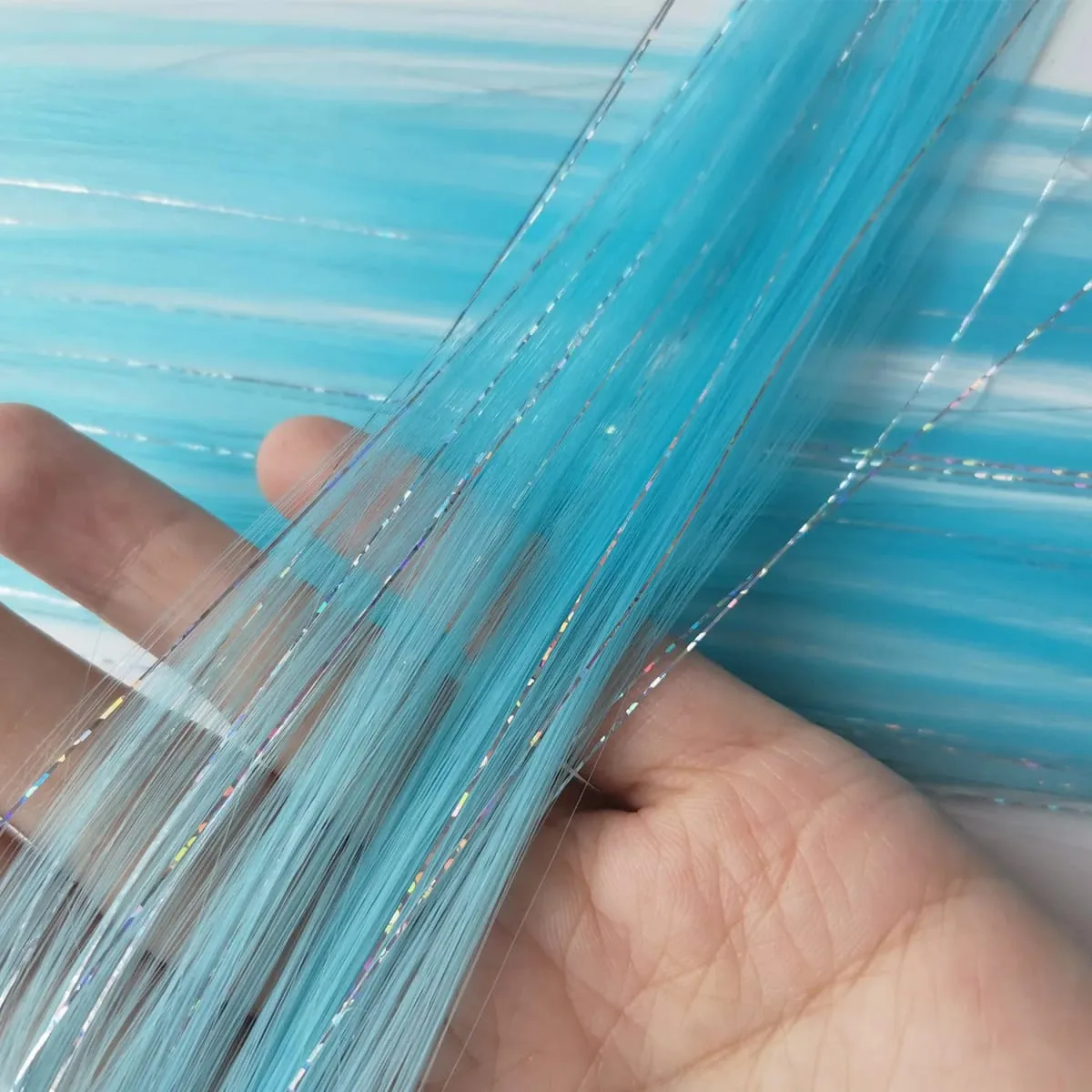 Sky Blue Hair Clip in Colored Extension Mixed Silver Tinsels Synthetic Rainbow Hairpiece Holiday Party Highlights for Women Girl — image 5