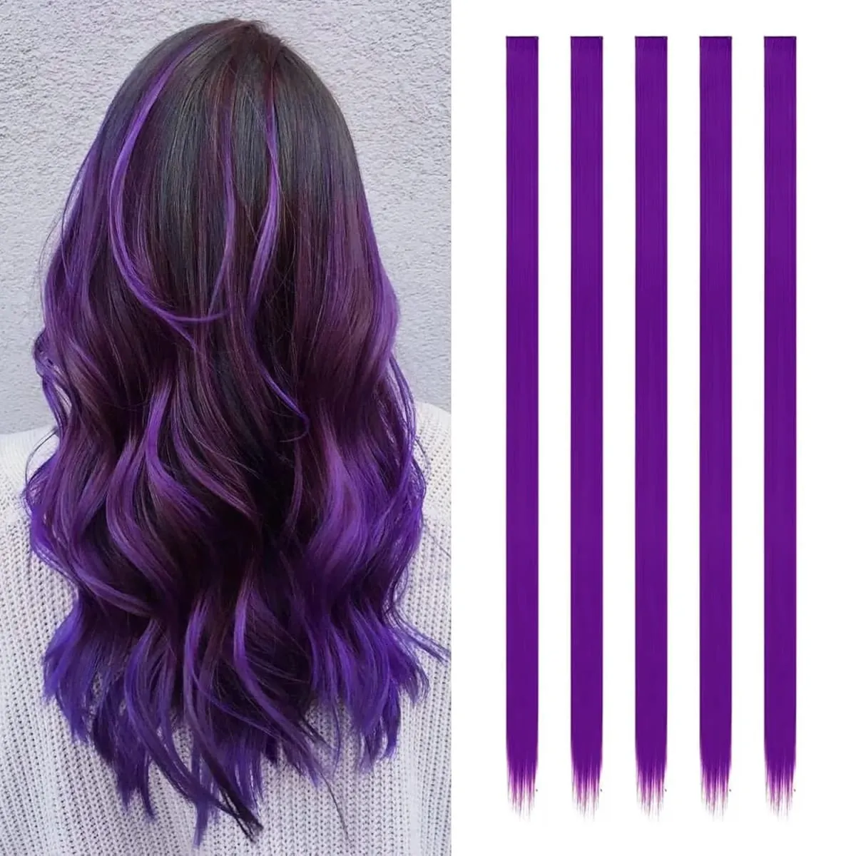 Synthetic 5PCS Colorful Hair Extensions Party Highlights Colorful Clip in Hair Extensions Straight Hairpieces for Women Girls — image 12
