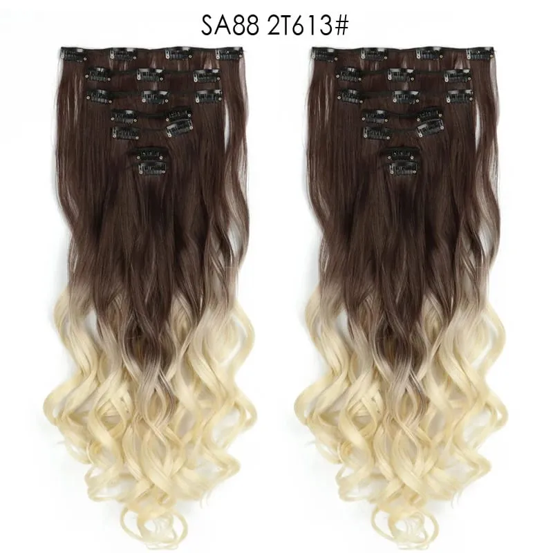 Clip in Long Wavy Synthetic Hair Extension 22 Inch Black 7PCS Thick Hairpieces Fiber Double Weft Hair for Women