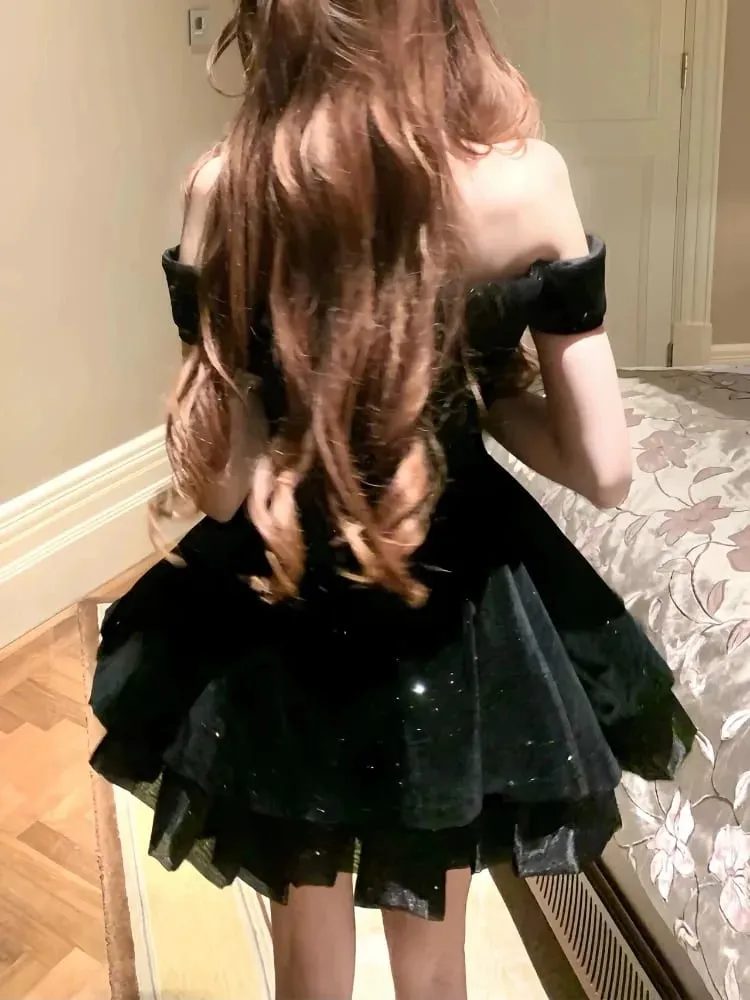 French Black Vintage One Piece Dress Woman Gothic Off Shoulder Bow Short Dresses Female Fairy Birthday Party Chic Outfit 2025 — image 6