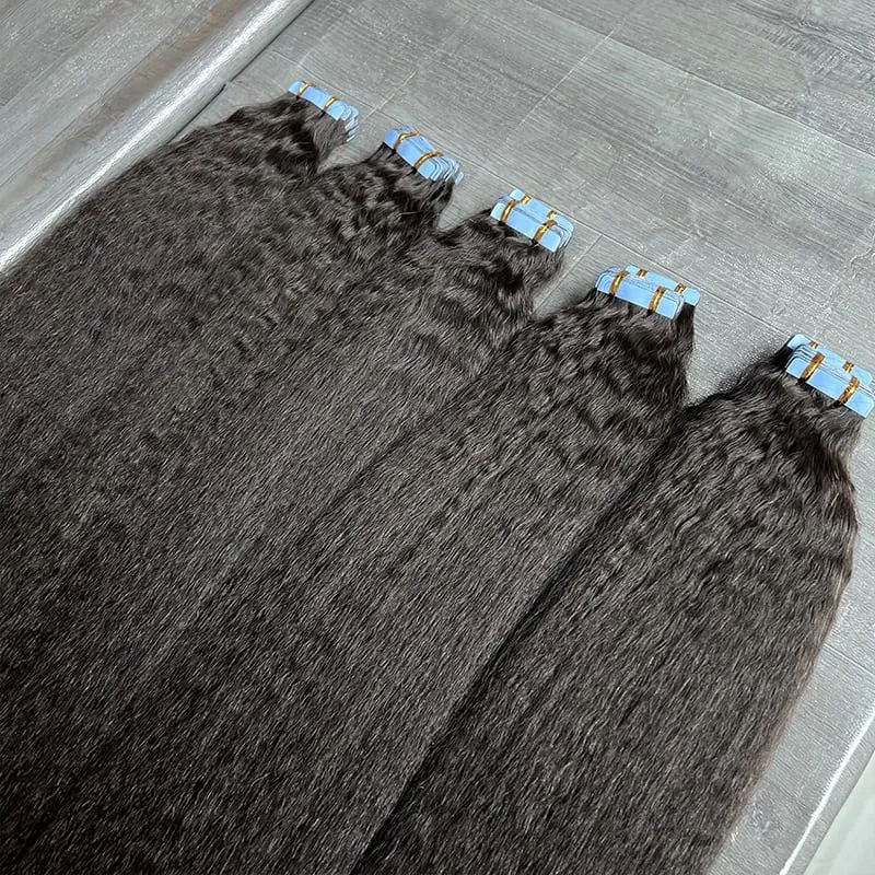 Kinky ตรงเทปที่มองไม่เห็นในส่วนขยายของผม 100% ดิบ Virgin Human Hair กาวไม่มีรอยต่อ PU ผิว Weft Full Head 40 pcs — image 6