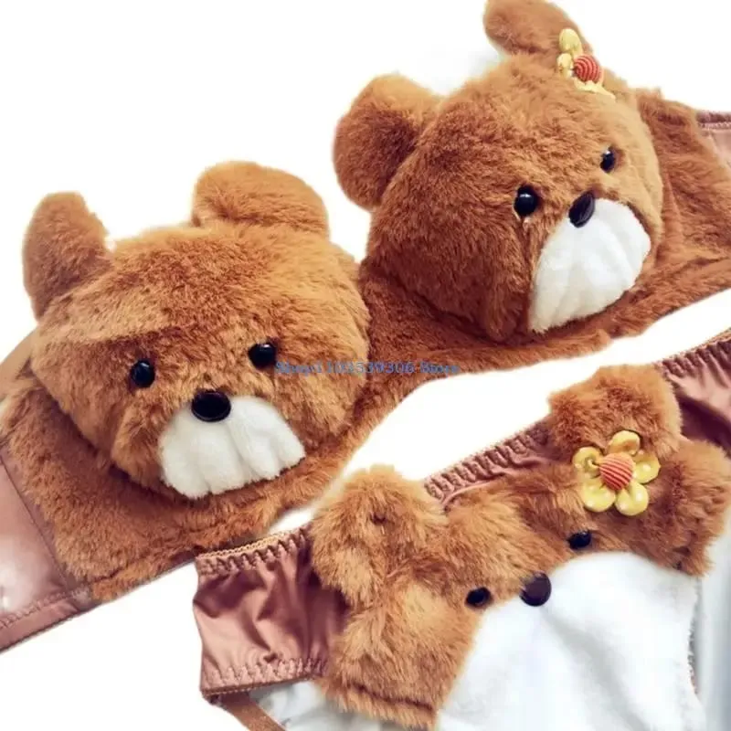 400A Women Cartoon Plush Bra Panty Set Funny Bear Bra Panties Set Lovely Lingerie