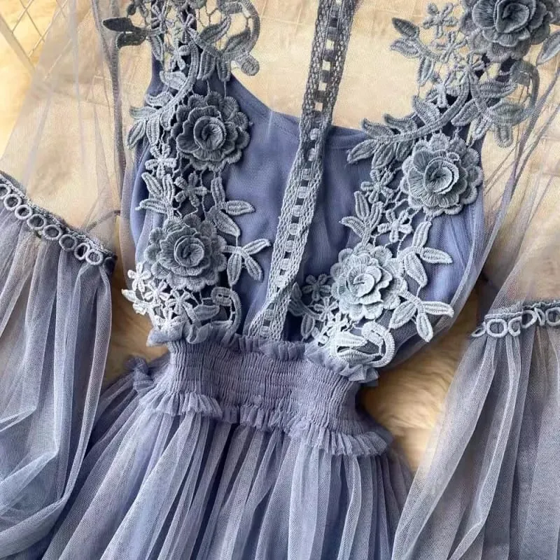 New Lace Flower Mesh Dress Summer Lantern Sleeve White Long Dresses For Women Party Vintage Elegant Dress 2 Piece Sets 12041 — image 5