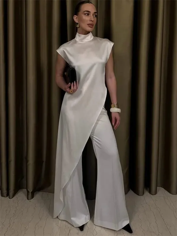 Tossy Casual Sleeveless Satin Maxi Dress Female Turtleneck Patchwork Slim Fashion Solid Commute Dress For Women Long Dress 2025