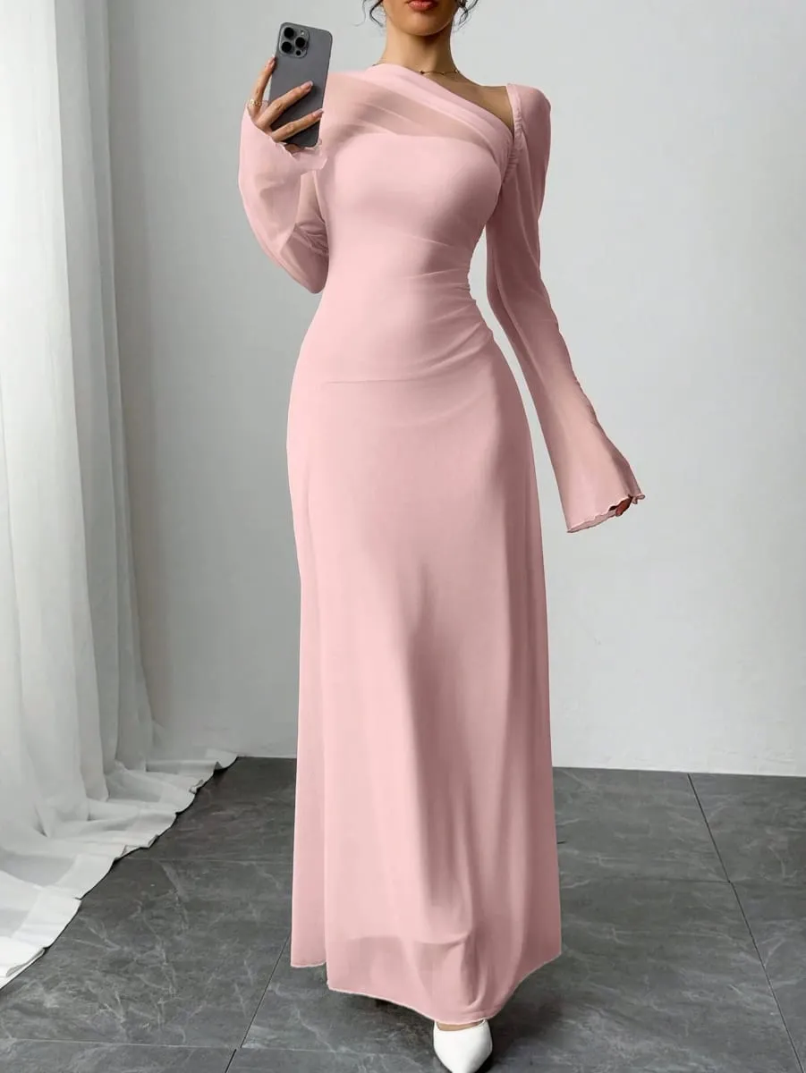 New spring/summer women's pink tulle explosion slim irregular diagonal shoulder ultra long dress