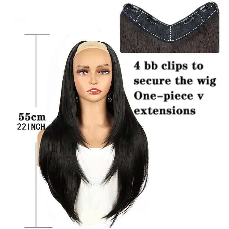 22Inch Synthetic Hair Extensions Blends Well Long Layered Straight Wavy V-Shaped Hairpieces Brown Hair Extension