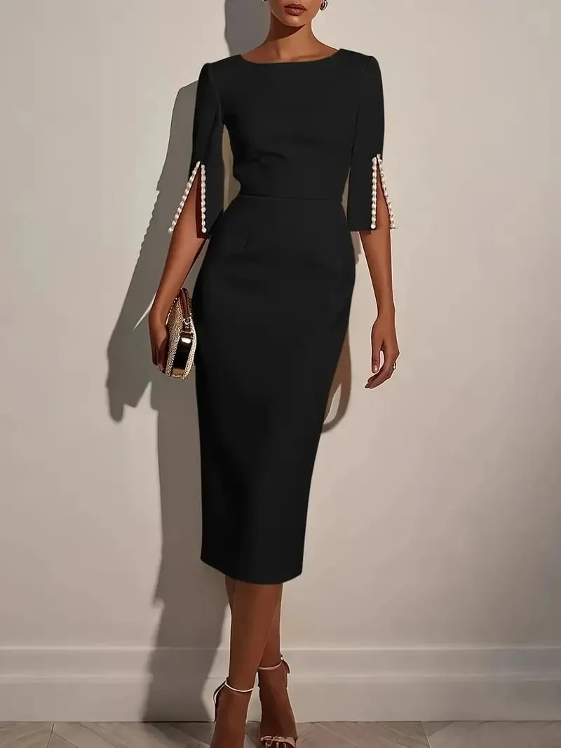 Women's Solid Color Elegant Round Neck Half Sleeve Beaded Decorated Slim Fit Midi Dress — image 4