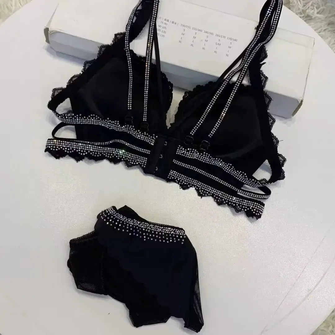 （Bralette For Small Breasts) New Rhinestone Leopard Print Thickened Lingerie Small Breasts Gathering Hollow Out Women's Bra Set