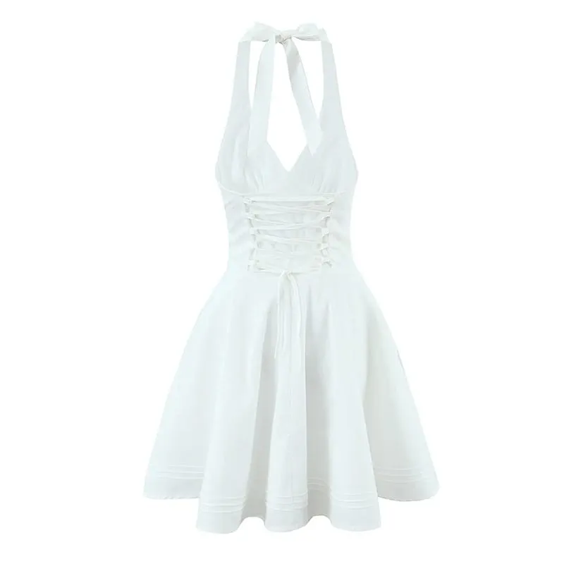 Mini Robe blanche à col licou, Sexy, décolleté en V profond, mode femme, dos nu, ligne a, robes de soirée élégantes, Robe d'été à lacets