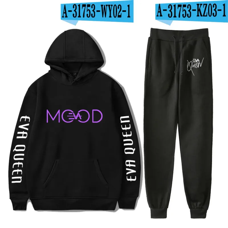 Hip Hop สบาย Eva Queen พิมพ์เสื้อกันหนาว Sweatpants ชุด Hoodies + กางเกงชุดชาย/หญิง 2 ชิ้นชุดเสื้อผ้า — image 1