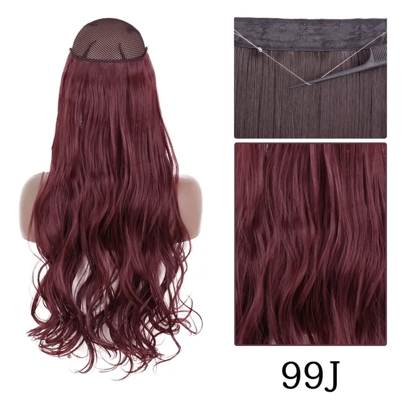 Synthetic No Clip Adjustable Fish Line Hair Extensions Natural Blonde Brown Long Wavy Heat Resiatant Hairpiece For Women